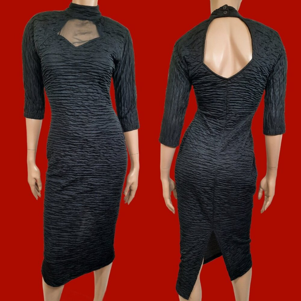 Vintage 90s Black Gothic Vampy Midi Dress Size S High Neck Cut Out Crinkled